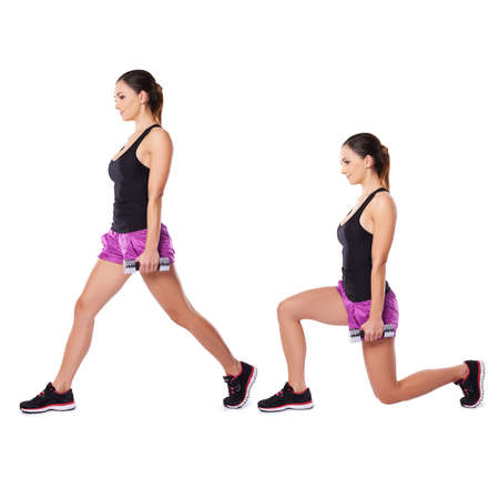 Athletic young woman working out with dumbbells shown in two positions standing sideways to the camera with her legs spread standing upright and bendingの写真素材