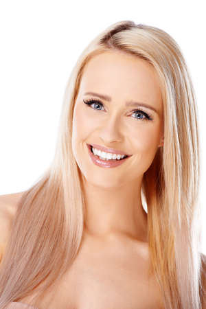 Cute smiling blonde on white backgroundの写真素材