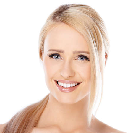 Adorable blond girl with beautiful smile isolated on whiteの写真素材