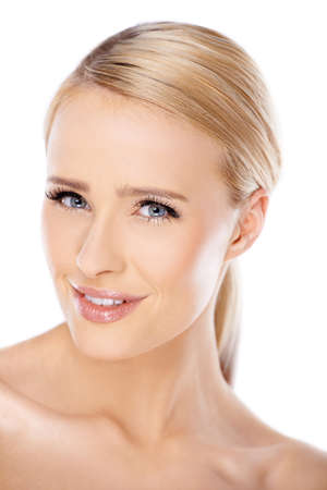 Adorable beautiful woman portrait on white backgroundの写真素材
