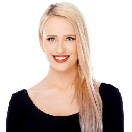 Beautiful blond woman portrait over white background  she smilingの写真素材
