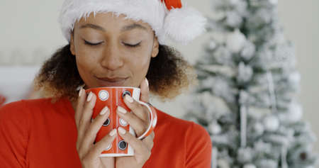 Young woman wearing a Santa hat standing in front of a decorated tree in her living room enjoying a festive red mug hot coffee at Christmas.の写真素材