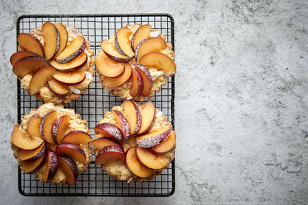 Homemade crumble tarts with fresh plum slices placed on iron baking grill. Top lay on gray stone background with some whole plums, icing sugar, spoons on side. Top view with copy spaceの写真素材