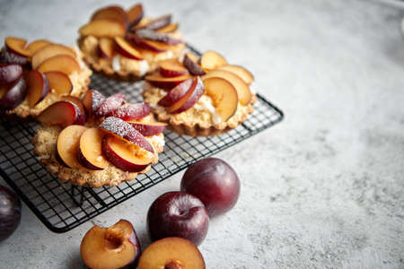 Homemade crumble tarts with fresh plum slices placed on iron baking grill. Top lay on gray stone background with some whole plums, icing sugar, spoons on side. Top view with copy spaceの写真素材