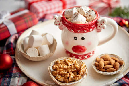 Delicious homemade christmas hot chocolate or cocoa with marshmellows in a red xmas decorative cup. With almonds, walnuts in small bowls on sideの写真素材