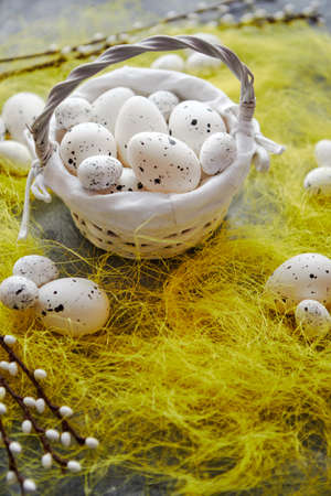 Easter white dotted Eggs in the nest and spring yellow grass on stone table background.の写真素材