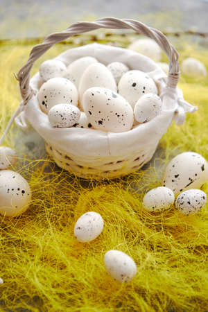Easter white dotted Eggs in the nest and spring yellow grass on stone table background.の写真素材