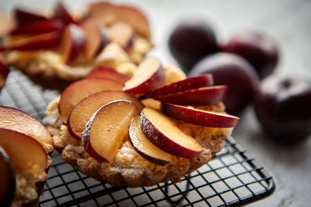 Close up of homemade crumble tarts with fresh plum slices placed on iron baking grill. Top lay on gray stone background with some whole plums, icing sugar, spoons on sideの写真素材