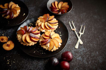 Delicious homemade mini tarts with fresh sliced plum fruit. Sprinkled with icing sugar. Placed on black ceramic plates with fresh pieces of plums on sides. Dark rusty background from top.の写真素材