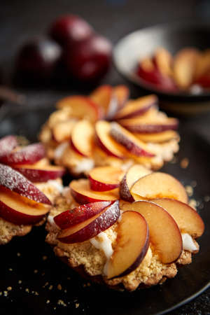 Delicious homemade mini tarts with fresh sliced plum fruit. Sprinkled with icing sugar. Placed on black ceramic plates with fresh pieces of plums on sides. Dark rusty background from top.の写真素材