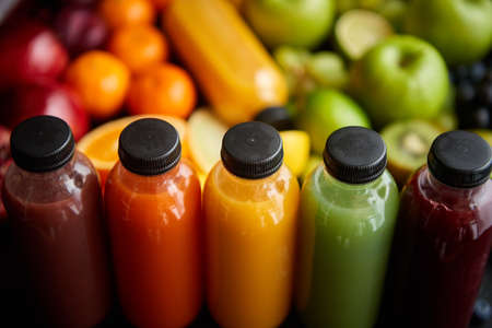 Colorful bottles filled with fresh fruit and vegetable juice or smoothie. Placed in row on black wooden table.の写真素材