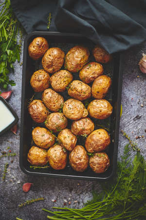Tasty fresh homemade baked potatoes served on a metal tray. With various herbs, butter, garlic and salt. Gray stone background. View from above.の写真素材