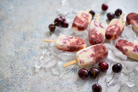 Homemade Delicious Vegan Cherry with Coconut Milk. Summer healthy food concept. Top view, flat lay. With copy spaceの写真素材