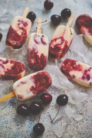 Homemade Delicious Vegan Cherry frozen with Coconut Milk. Summer healthy food concept. Top view, flat lay.の写真素材