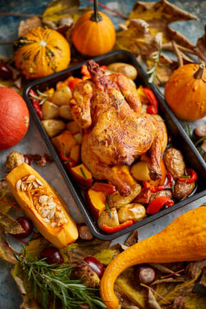 Roasted whole chicken or turkey with pumpkins, pepper and potatoes. With colorful mini pumpkins, autumn leafs and chestnuts served around aged stone dark rustic background, frame. Thanksgiving Day food. Top view, flat lay.の写真素材