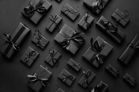 Elegant black Christmas theme. Wrapped gifts in black matte paper with ribbonの写真素材