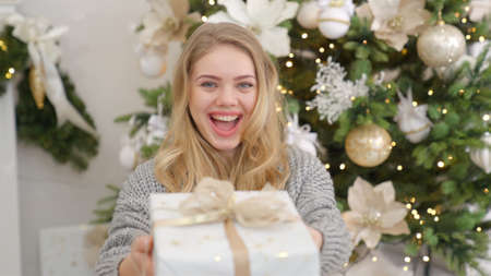 Smiling and happy young woman with christmas present box near christmas tree.の写真素材