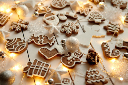 Christmas sweets composition. Gingerbread cookies with xmas decorationsの写真素材