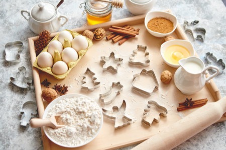 Delicious fresh and healthy ingredients for Christmas gingerbreadの写真素材