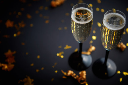 Two glasses full of sparkling champagne wine with golden decorationの写真素材