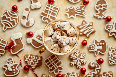 Cup of hot chocolate and Christmas shaped gingerbread cookiesの写真素材