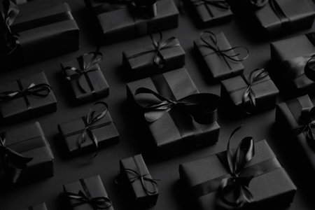 Elegant black Christmas theme. Wrapped gifts in black matte paper with ribbonの写真素材