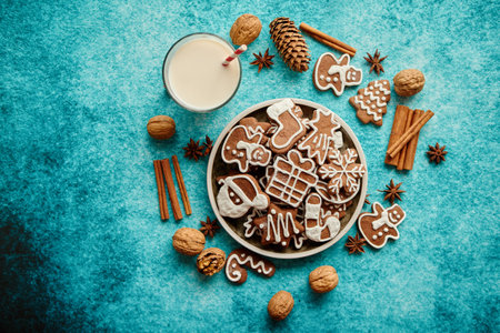 Sweet Christmas composition. Assortment of gingerbread cookies on a plateの写真素材