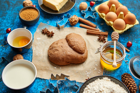 Gingerbread dough placed among various ingredients. Christmas baking conceptの写真素材