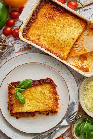 Delicious lasagne bolognese with pepper, tomato and cheeseの写真素材
