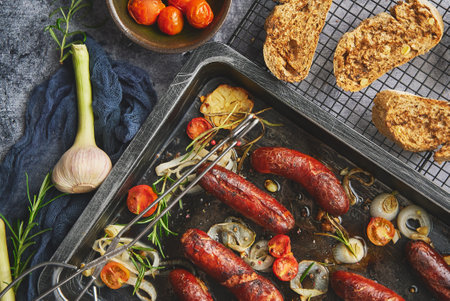 Tasty grilled homemade rosemary sausages placed on iron frying tray over rustic dark stone tableの写真素材