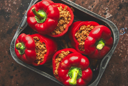 Sweet red peppers stuffed with meat and tomato in a vintage frying tray. Top viewの写真素材