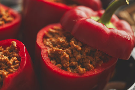 Sweet red peppers stuffed with meat and tomato in a vintage frying tray. Top viewの写真素材