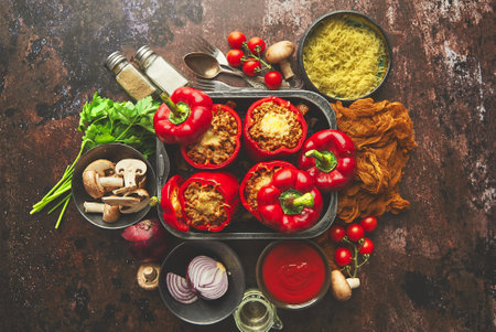 Red peppers stuffed with beef meet and mozarella cheese with herbs and garlicの写真素材