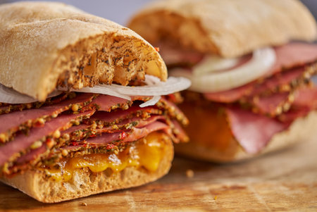Thin cut pastrami sandwhich with delicious meet on baguette bread with chedder cheese, onionの写真素材