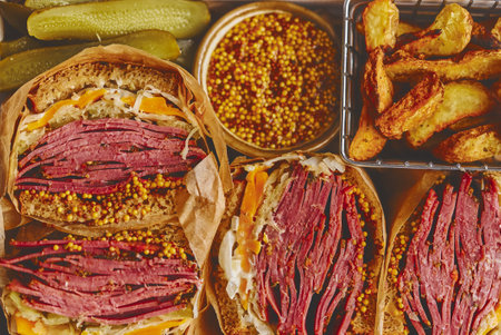 Enormous sandwiches with pastrami beef in wooden box. Served with baked potatoes, picklesの写真素材