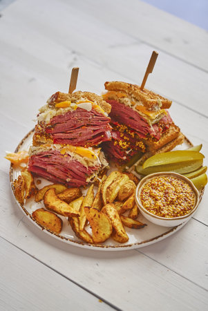 Super deluxe tasty grilled reuben sandwiches with pastrami meat, cheddar cheeseの写真素材