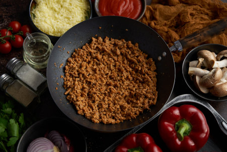 Ingredients on a table prepared for stuffing peppers. Red bell peppers, minced meat, cheeseの写真素材