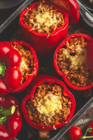 Red peppers stuffed with beef meet and mozarella cheese with herbs and garlicの写真素材