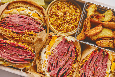 Enormous sandwiches with pastrami beef in wooden box. Served with baked potatoes, picklesの写真素材