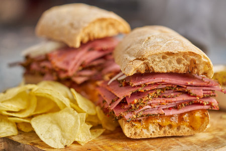 Pastrami sandwhich with delicious meet on baguette bread with chedder cheese, onionの写真素材