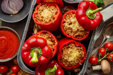Red peppers stuffed with beef meet and mozarella cheese with herbs and garlicの写真素材