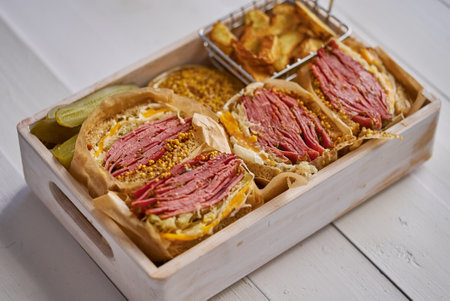Enormous sandwiches with pastrami beef in wooden box. Served with baked potatoes, picklesの写真素材