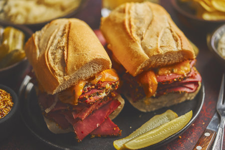 Reuben sandwich. Classic traditional American sandwich. Pastrami and corned beef on grilled breadの写真素材