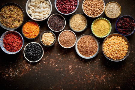 Various superfoods in smal bowls on dark rusty backgroundの写真素材