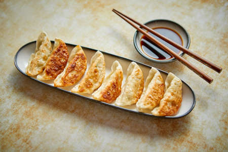 Orginal asian dumplings gyoza served in long plateの写真素材