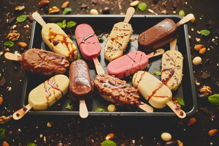 Assortment of various ice cream, white and dark chocolate, with almonds, rusty backgroundの写真素材