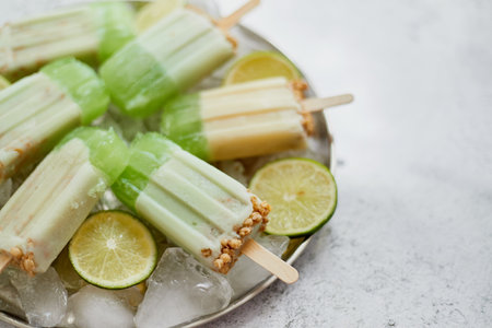 Summer refreshing homemade lime ice creams with chipped ice over stone backgroundの写真素材