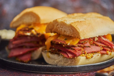 Super deluxe tasty grilled reuben sandwiches with pastrami meat, cheddar cheeseの写真素材