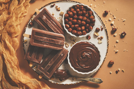 Chocolate ice cream with hazelnuts served with melted chocolate on a white plateの写真素材