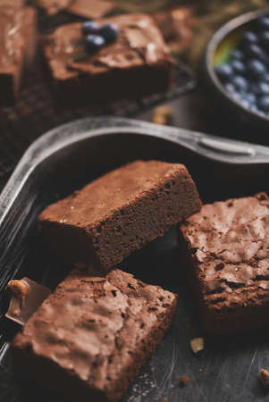 Composition of fresh homemade chocolate brownie squares melting chocolate and fresh blueberriesの写真素材